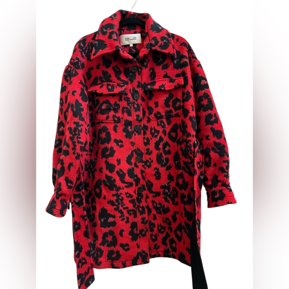 Diane von Furstenberg Red Leopard Wool Blend Belted Coat Jacket M - Picture 6 of 8